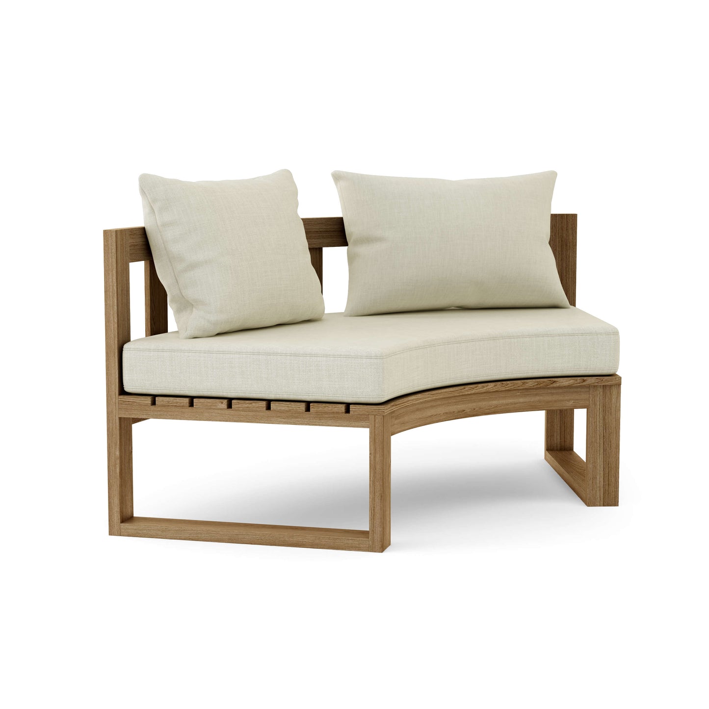 Teak wood circular modular deep seating outdoor bench with thick 5" Sunbrella outdoor cushions