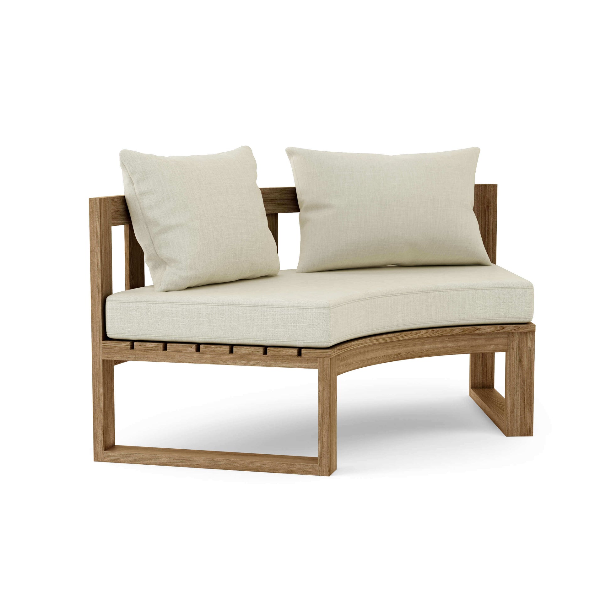 Teak wood circular modular deep seating outdoor bench with thick 5" Sunbrella outdoor cushions