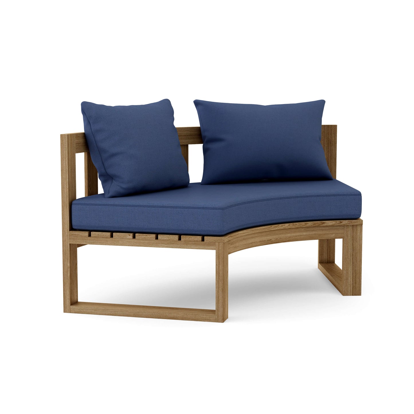 Teak wood circular modular deep seating outdoor bench with thick 5" Sunbrella outdoor cushions