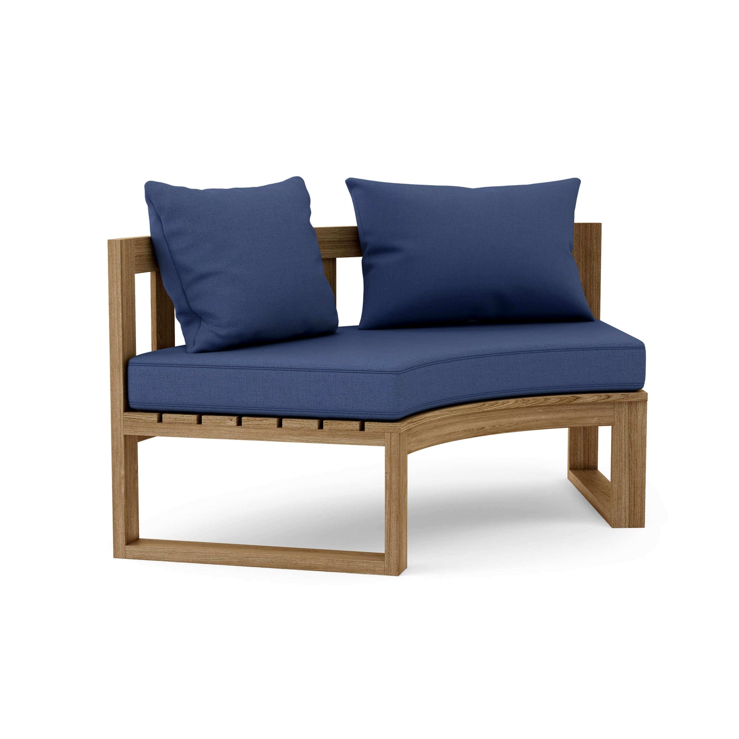 Teak wood circular modular deep seating outdoor bench with thick 5" Sunbrella outdoor cushions
