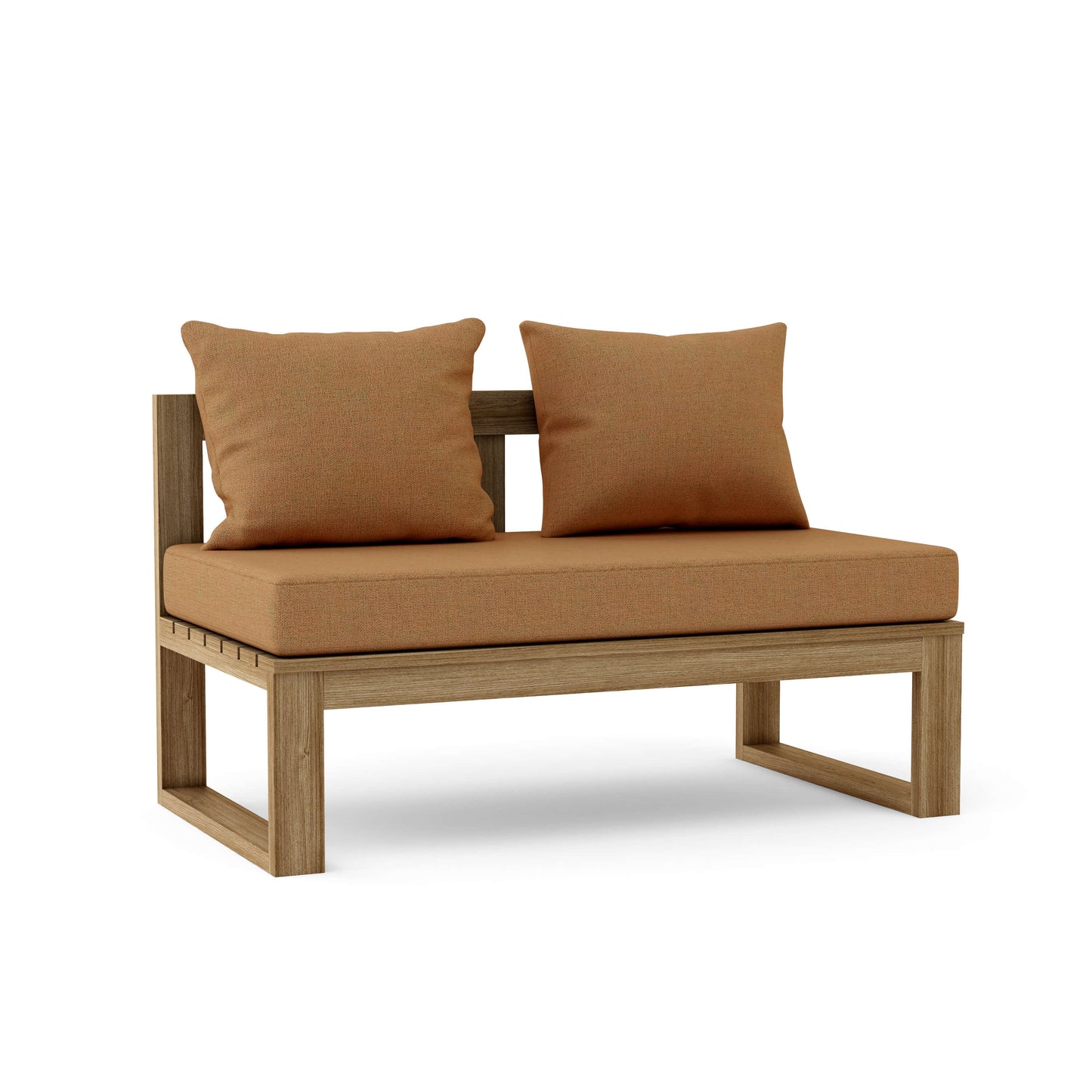 Teak wood straight modular deep seating outdoor bench with thick 5" Sunbrella outdoor cushions