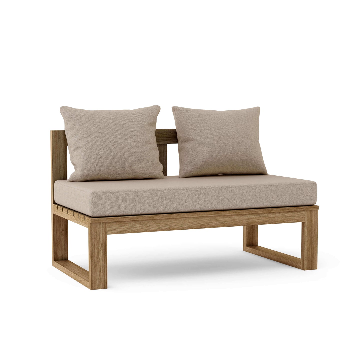 Teak wood straight modular deep seating outdoor bench with thick 5" Sunbrella outdoor cushions