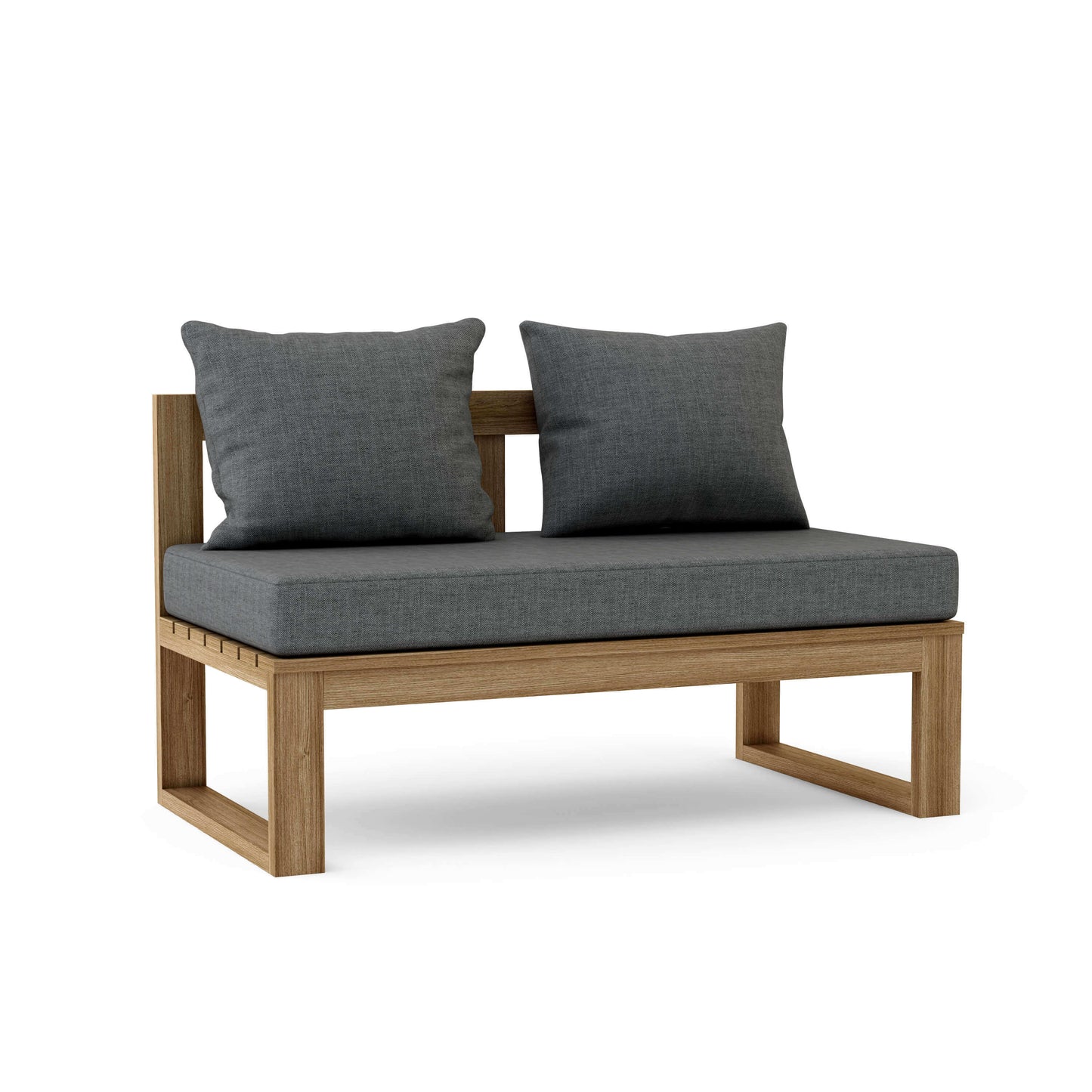 Teak wood straight modular deep seating outdoor bench with thick 5" Sunbrella outdoor cushions