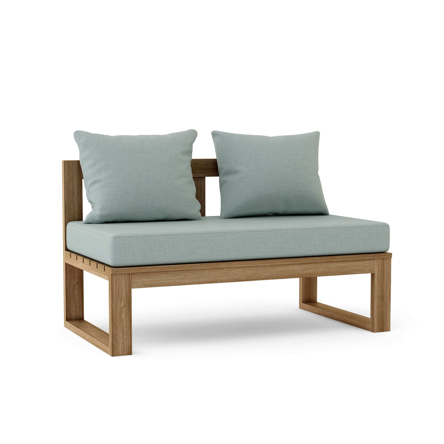 Teak wood straight modular deep seating outdoor bench with thick 5" Sunbrella outdoor cushions