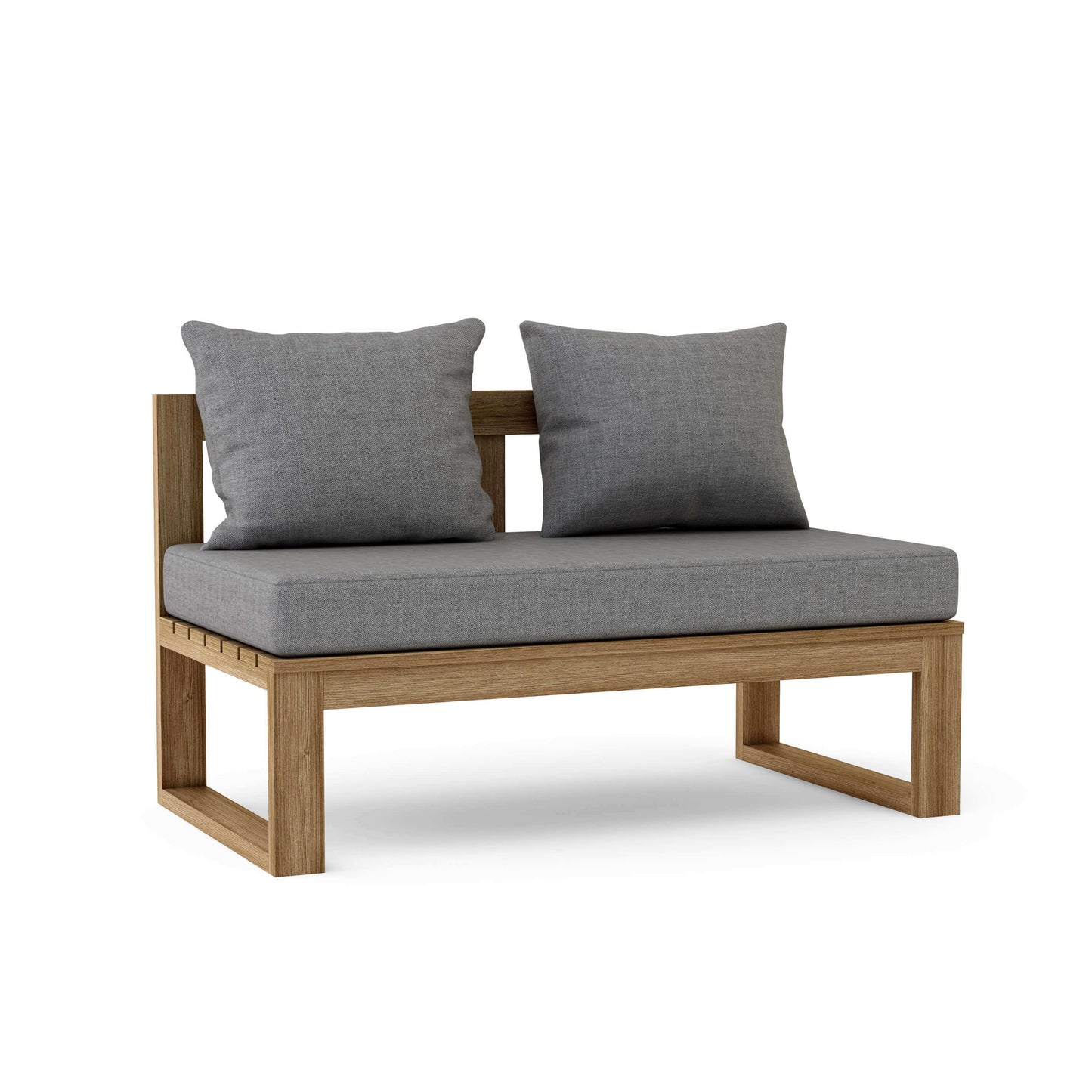 Teak wood straight modular deep seating outdoor bench with thick 5" Sunbrella outdoor cushions