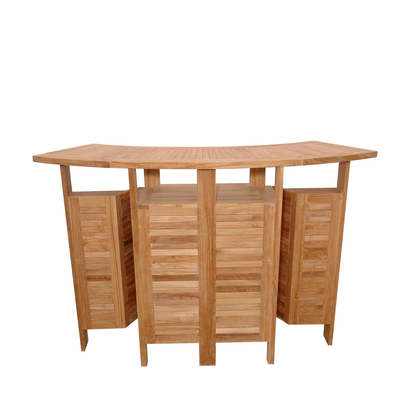 Anderson Teak outdoor folding bar table that has an expandable folding table top for ample storage space