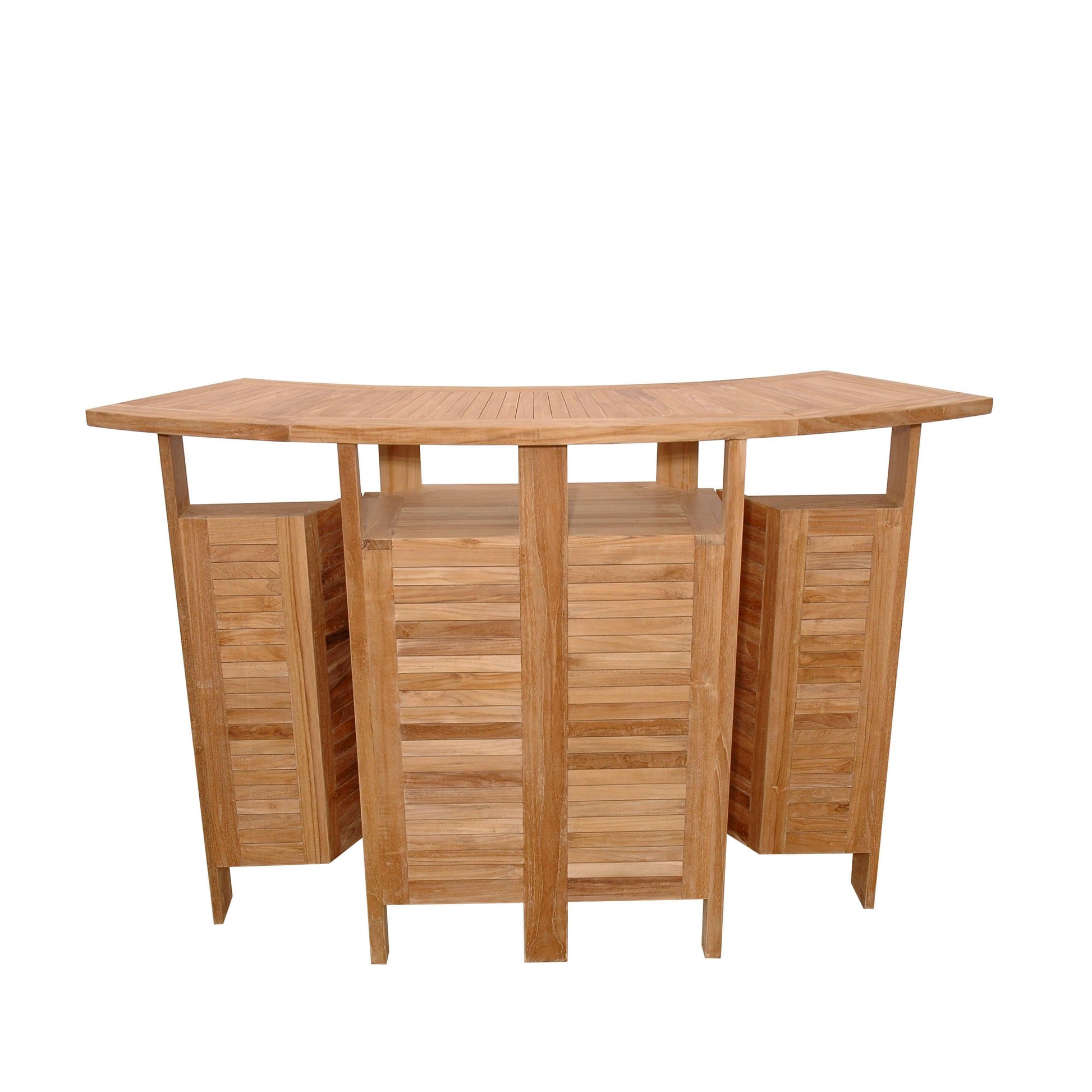 Anderson Teak outdoor folding bar table that has an expandable folding table top for ample storage space