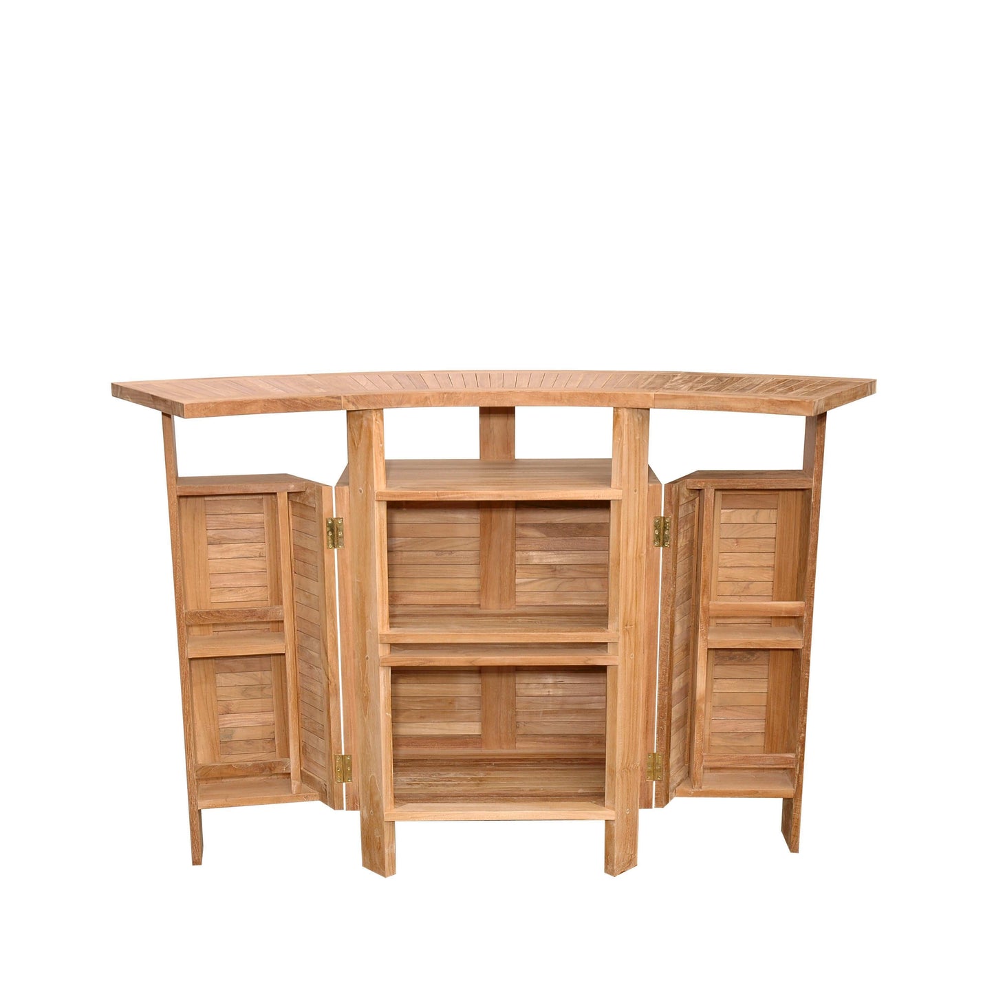 Anderson Teak outdoor folding bar table that has an expandable folding table top for ample storage space