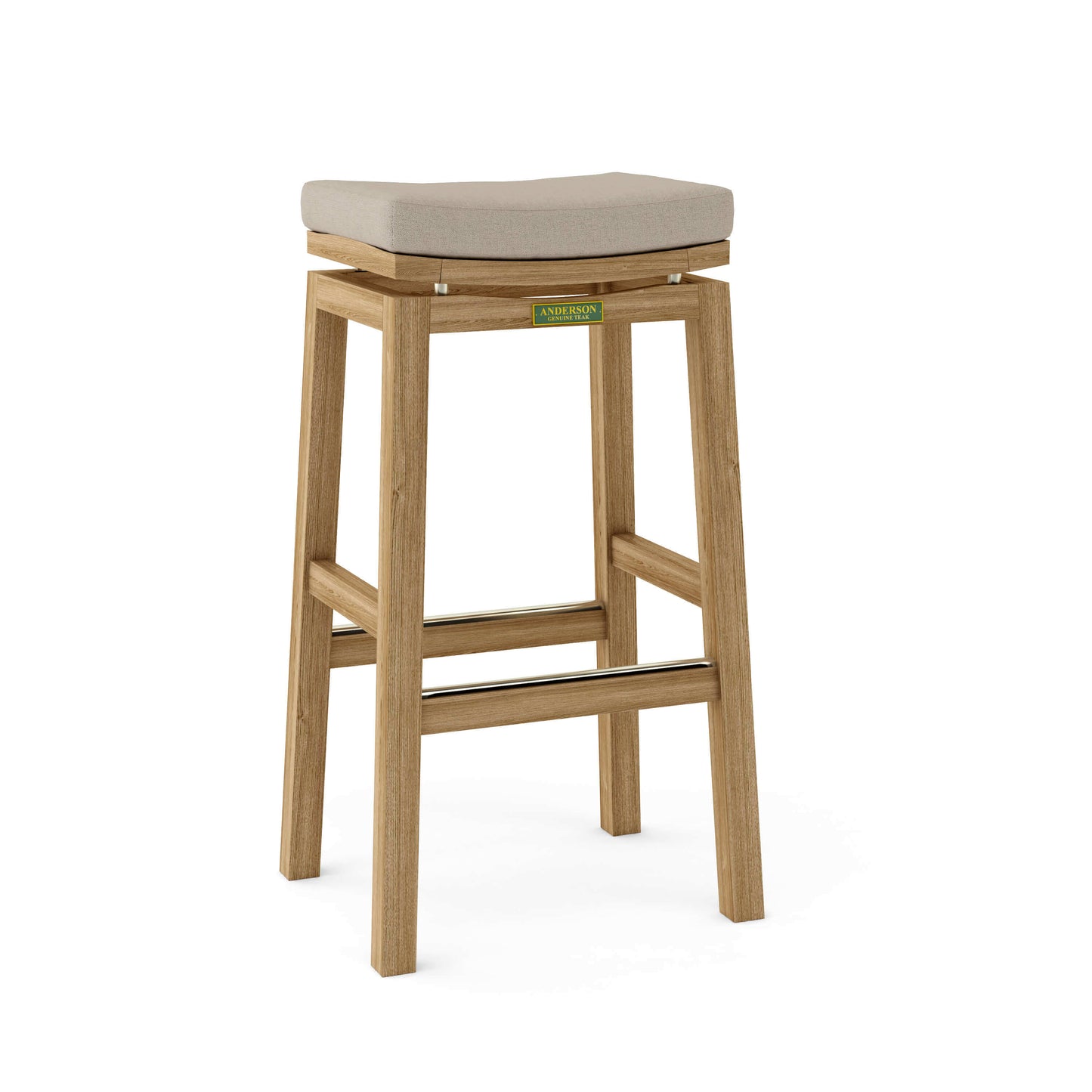 Teak wood outdoor bar stools with Sunbrella outdoor cushions