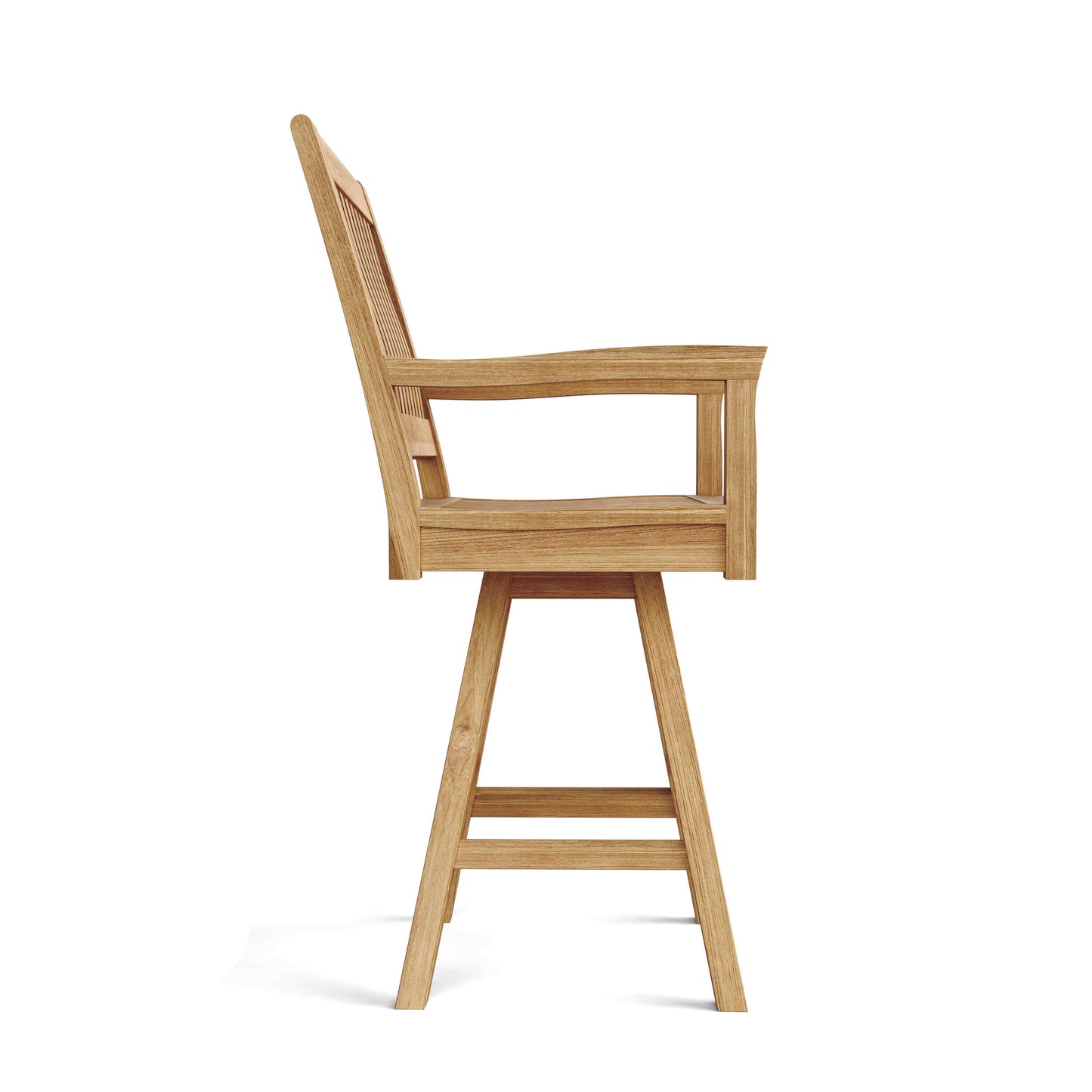 Anderson Teak Swivel Outdoor Bar Armchair for 360-degree swivel mechanism with padded seat and backrest