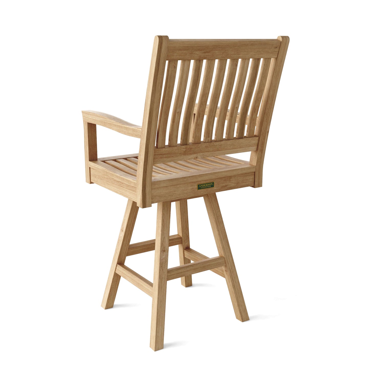 Anderson Teak Swivel Outdoor Bar Armchair for 360-degree swivel mechanism with padded seat and backrest