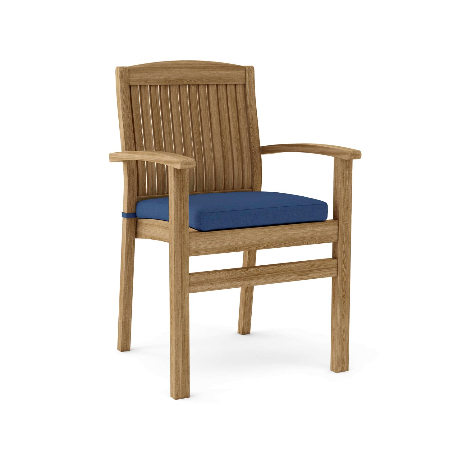 Teak wood stacking patio chairs with Sunbrella cushions