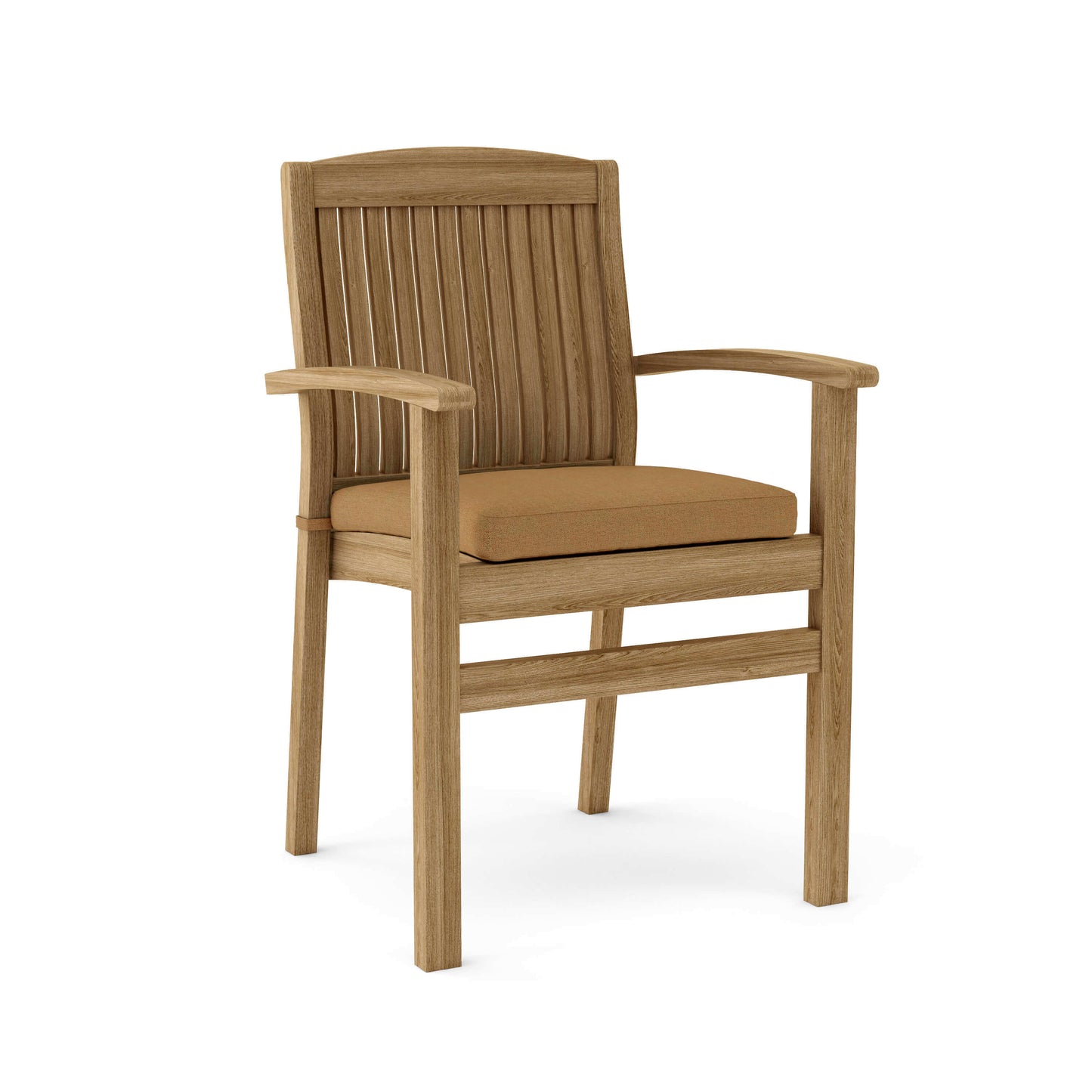 Teak wood stacking patio chairs with Sunbrella cushions