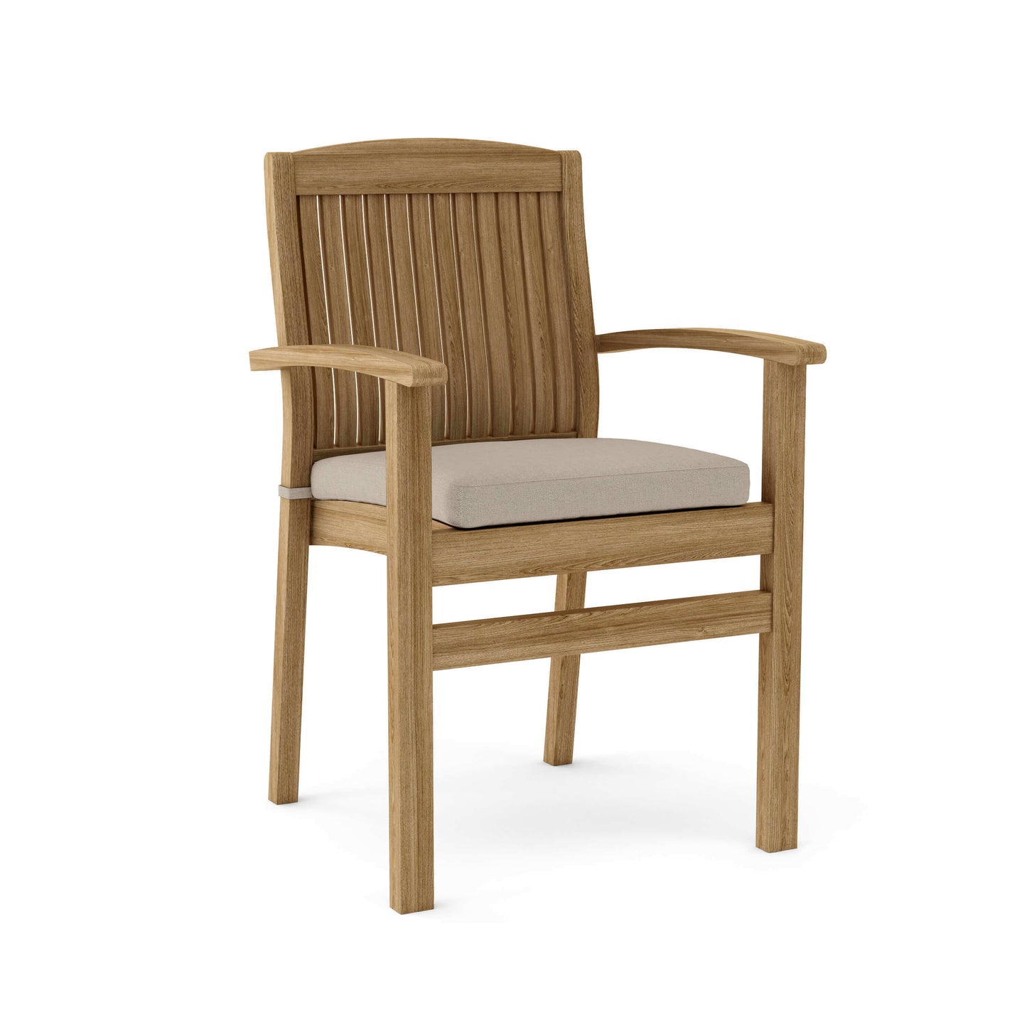 Teak wood stacking patio chairs with Sunbrella cushions