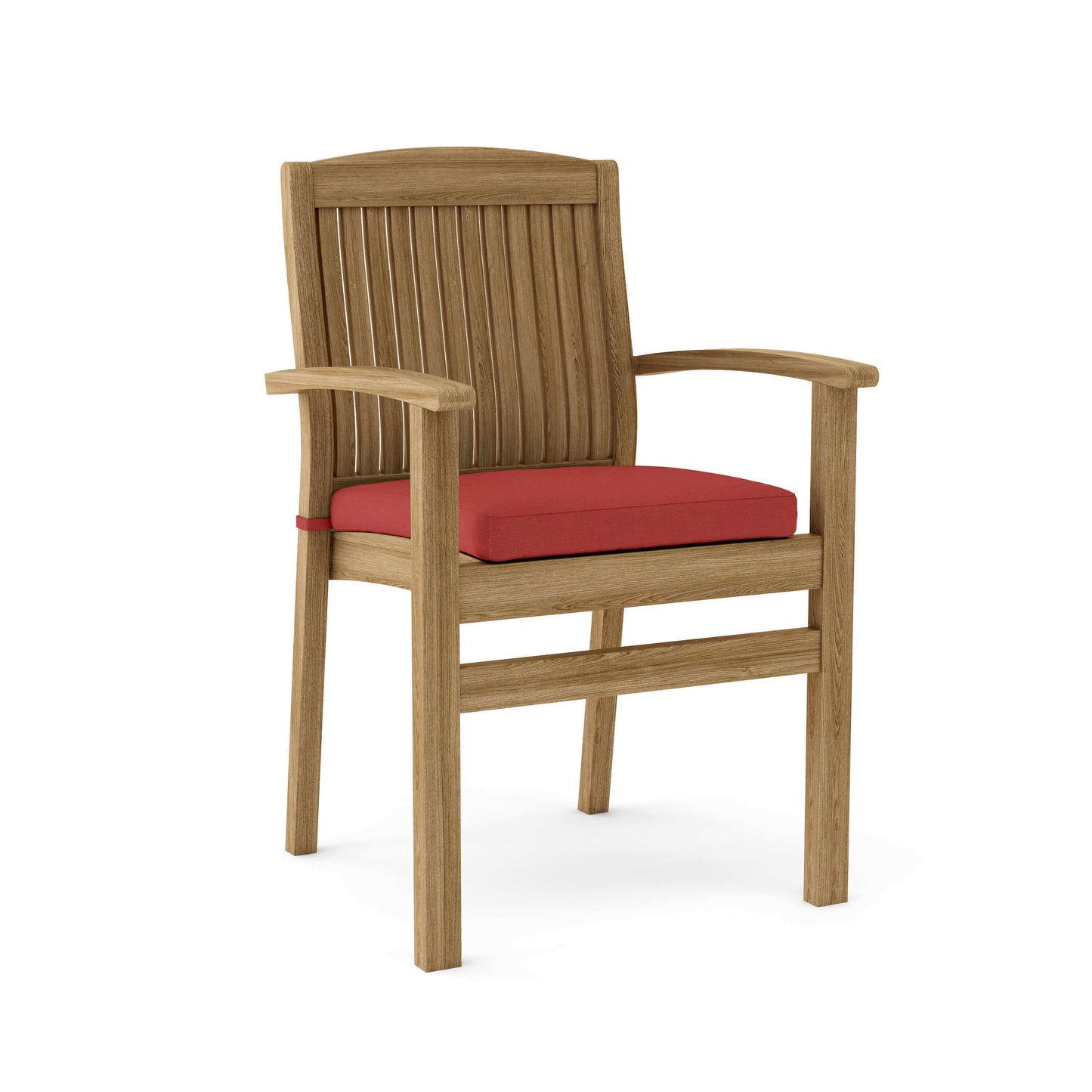 Teak wood stacking patio chairs with Sunbrella cushions