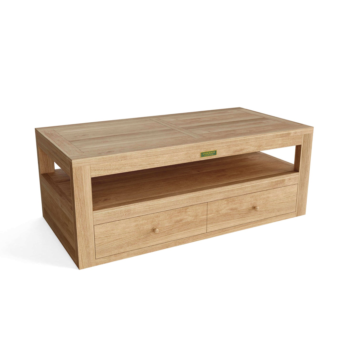 Anderson Teak Rectangular Outdoor Coffee Table made with weather-resistant teak wood and bottom drawers for storage