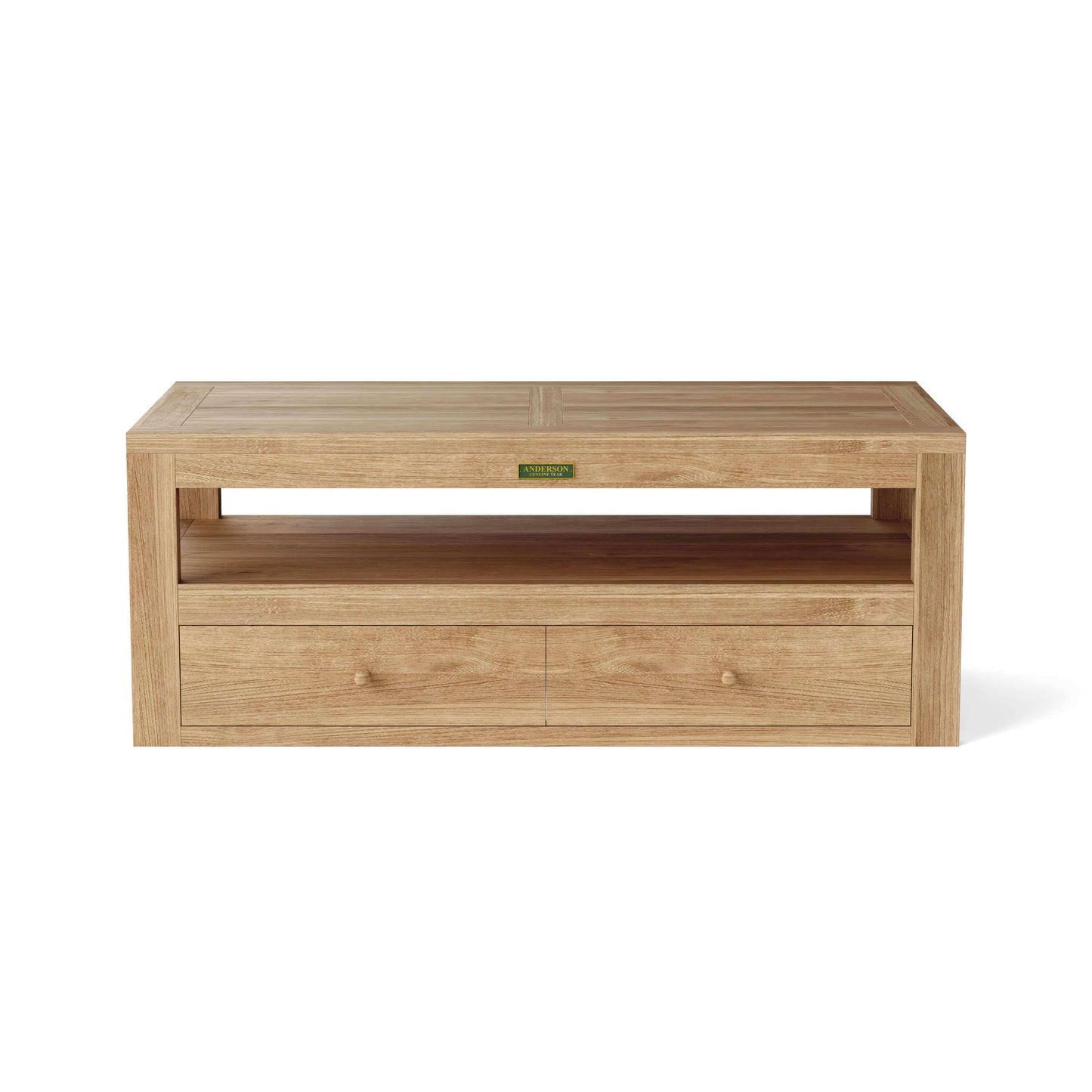 Anderson Teak Rectangular Outdoor Coffee Table made with weather-resistant teak wood and bottom drawers for storage
