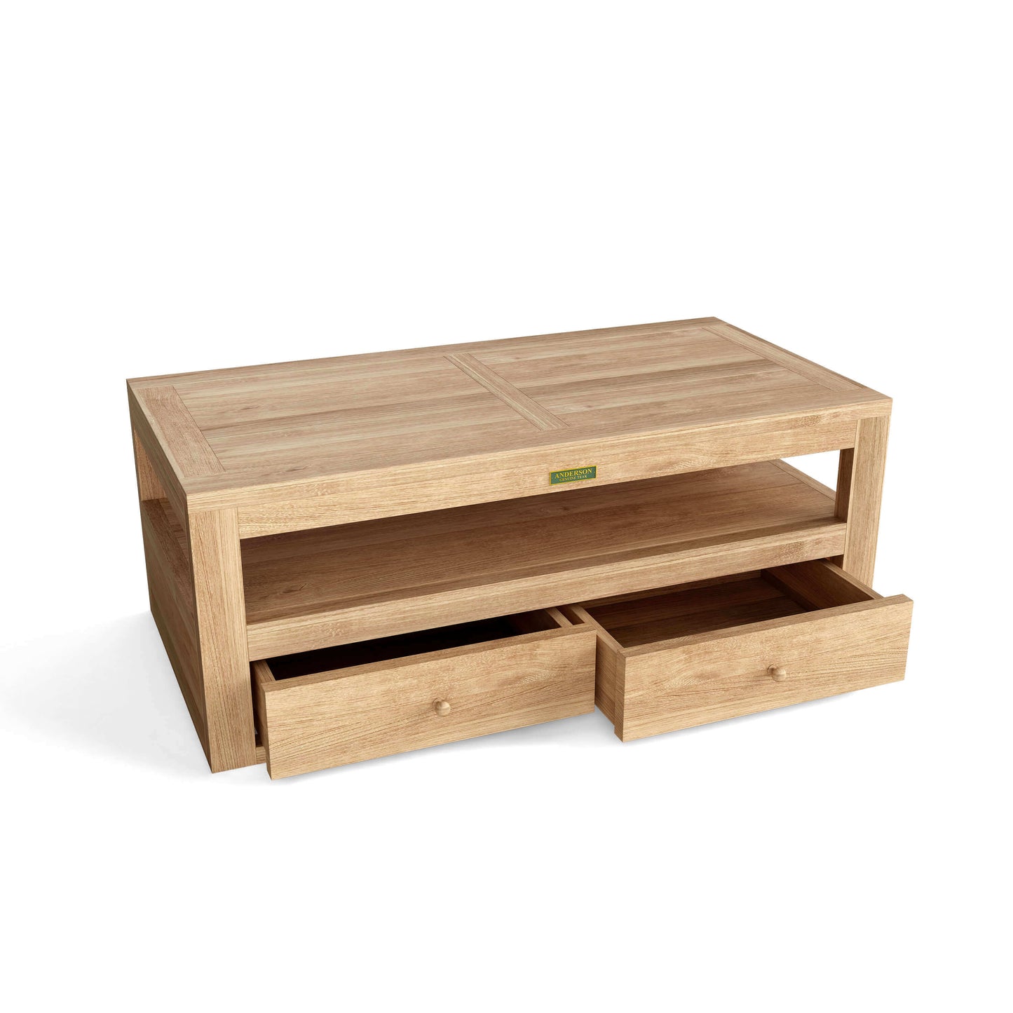 Anderson Teak Rectangular Outdoor Coffee Table made with weather-resistant teak wood and bottom drawers for storage