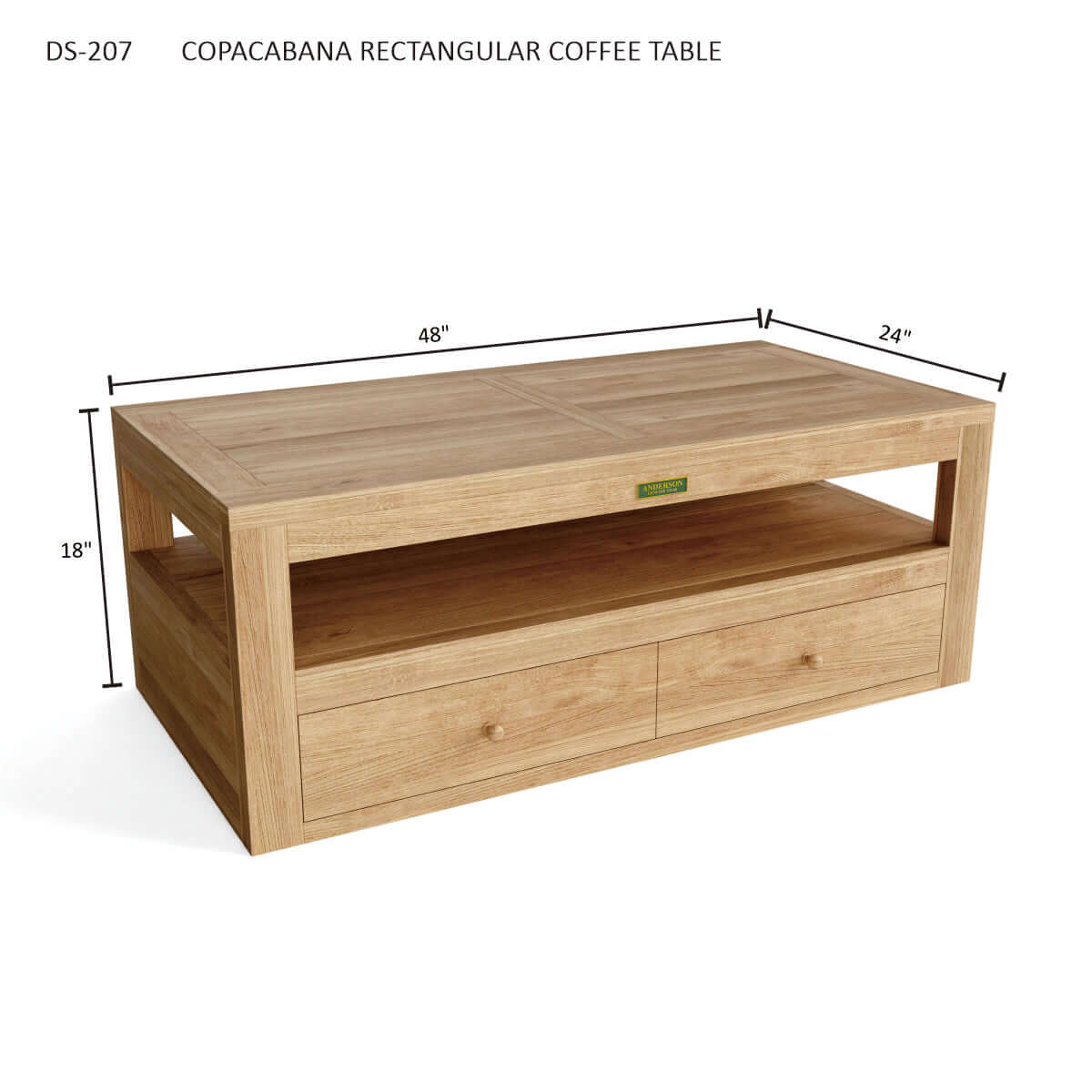 Anderson Teak Rectangular Outdoor Coffee Table made with weather-resistant teak wood and bottom drawers for storage