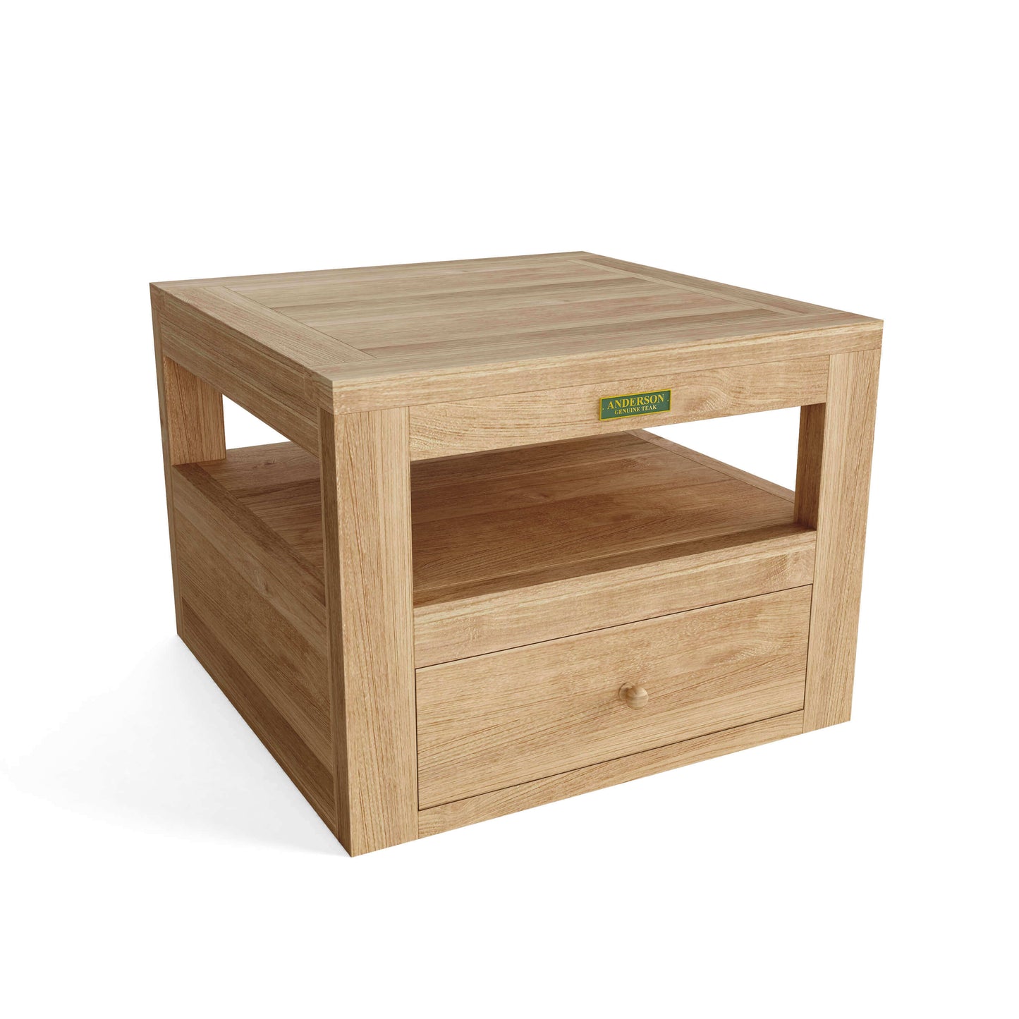 Anderson Teak outdoor side table with lower shelf and drawer for convenient storage