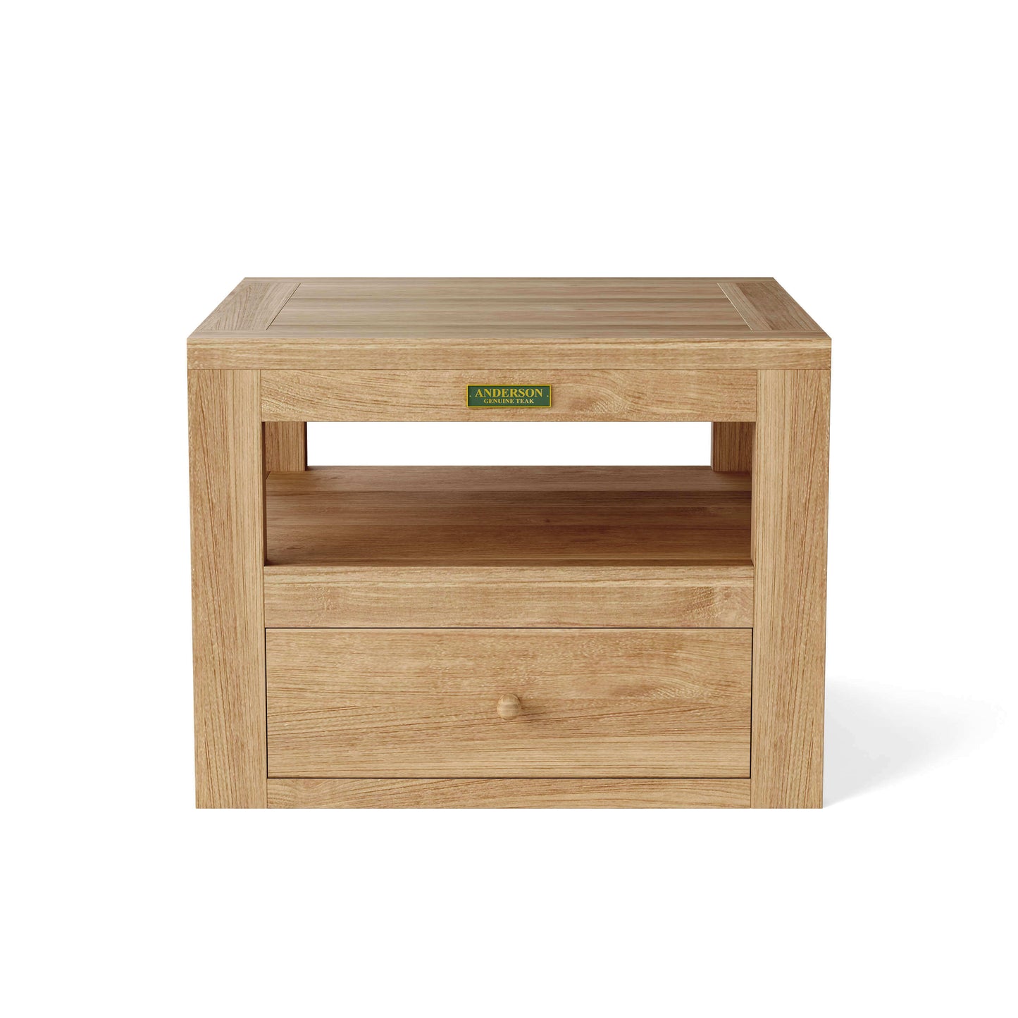 Anderson Teak outdoor side table with lower shelf and drawer for convenient storage