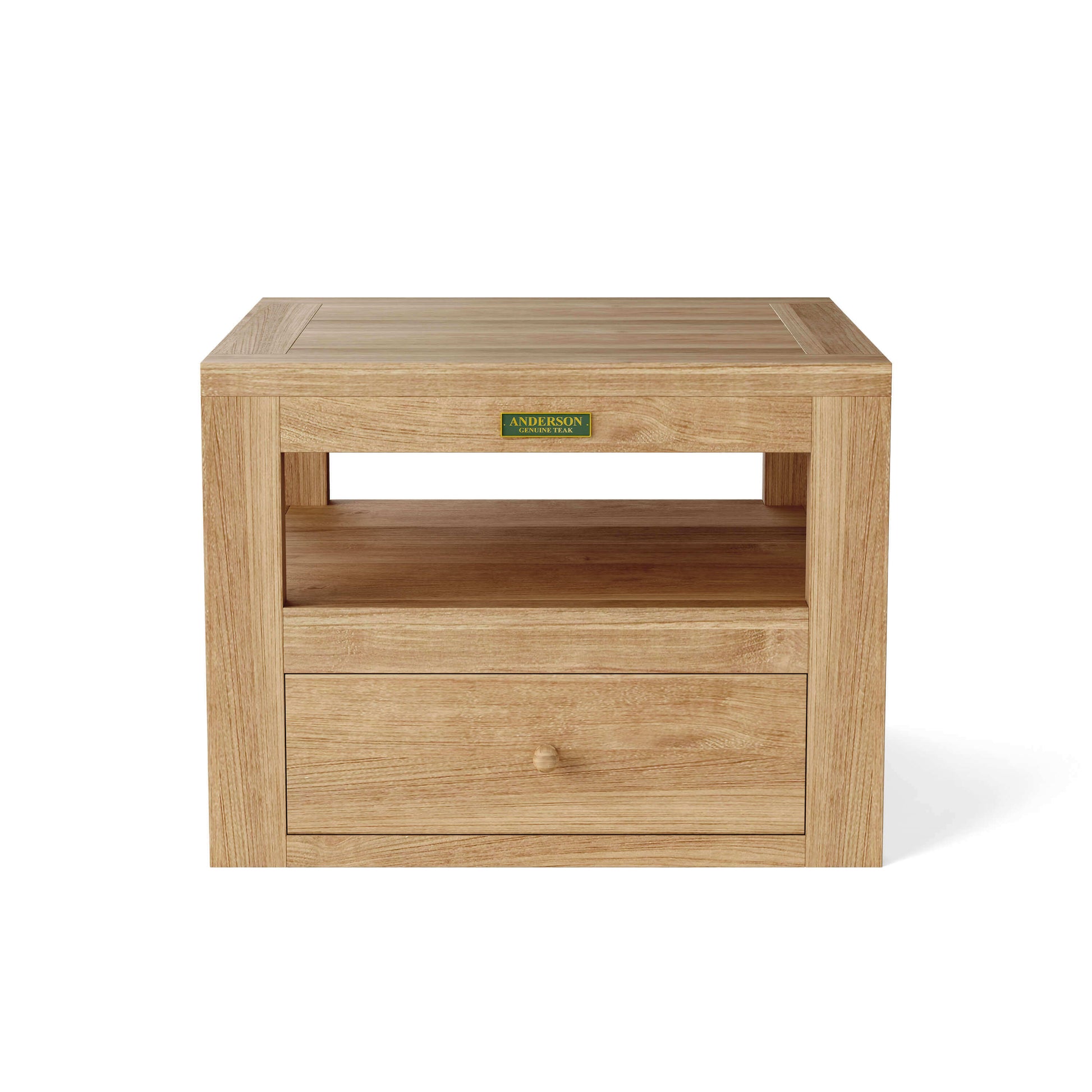 Anderson Teak outdoor side table with lower shelf and drawer for convenient storage