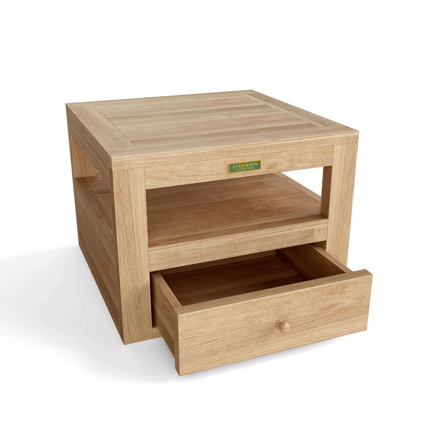 Anderson Teak outdoor side table with lower shelf and drawer for convenient storage