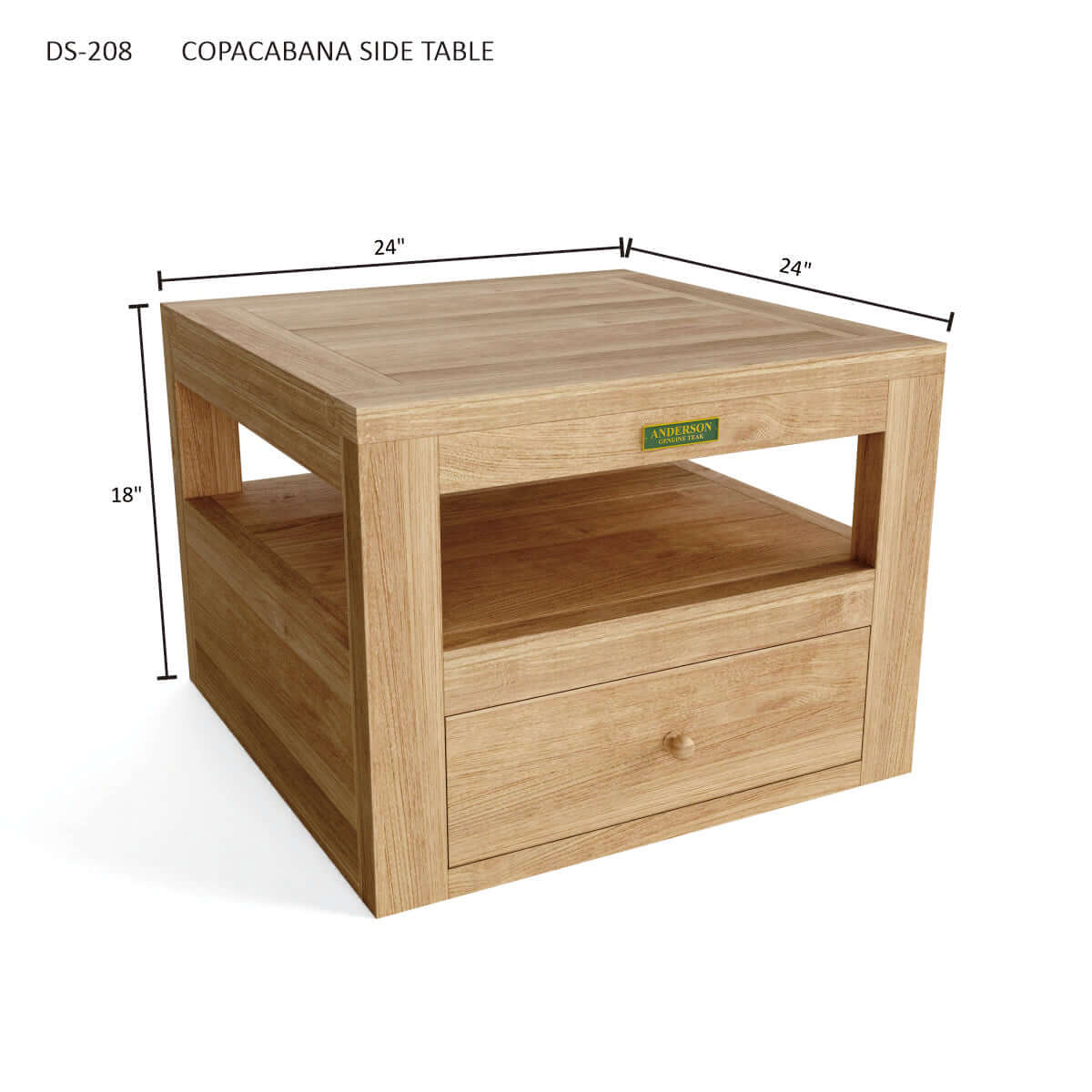 Anderson Teak outdoor side table with lower shelf and drawer for convenient storage