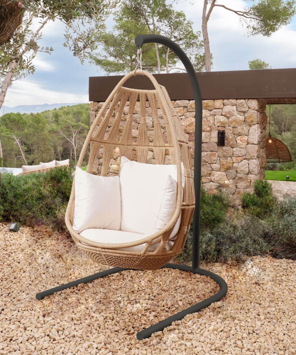 The Krabi Hanging Chair features polystrand natural rope and aluminum framing.