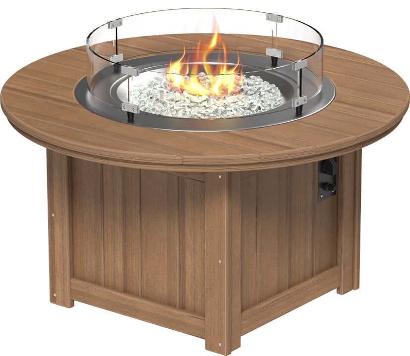 LuxCraft round gas propane outdoor fire pit table with push-button ignition system and tempered glass wind guard