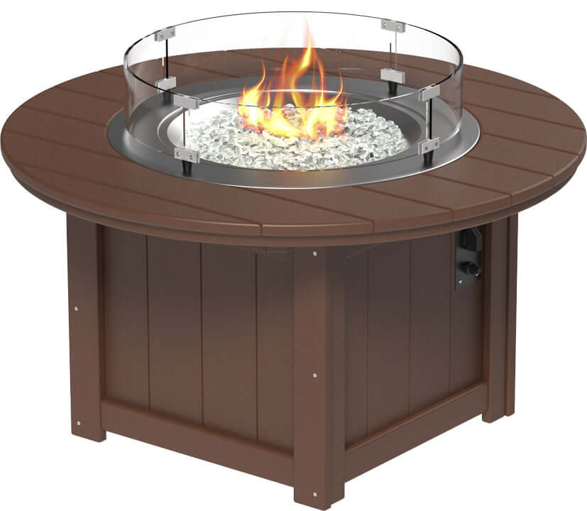 LuxCraft round gas propane outdoor fire pit table with push-button ignition system and tempered glass wind guard