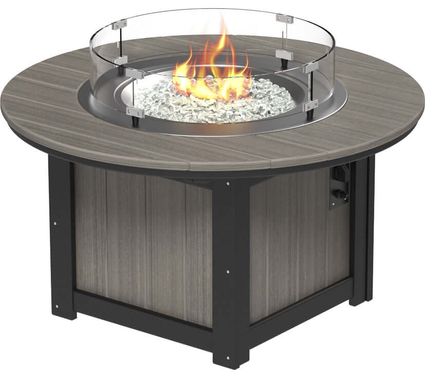 LuxCraft round gas propane outdoor fire pit table with push-button ignition system and tempered glass wind guard