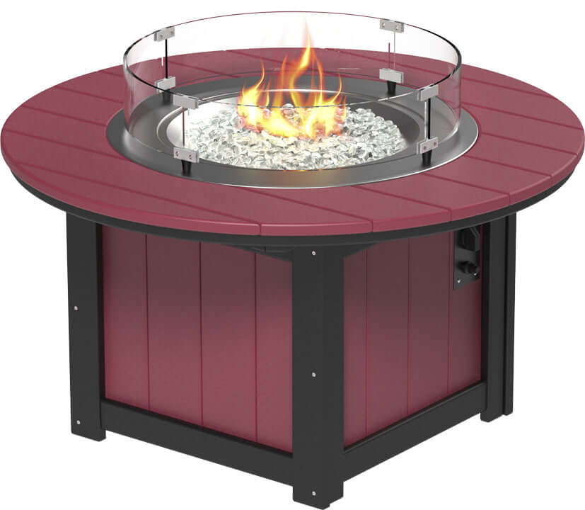 LuxCraft round gas propane outdoor fire pit table with push-button ignition system and tempered glass wind guard