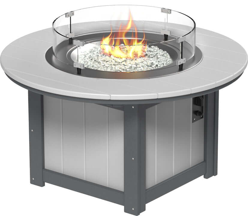 LuxCraft round gas propane outdoor fire pit table with push-button ignition system and tempered glass wind guard