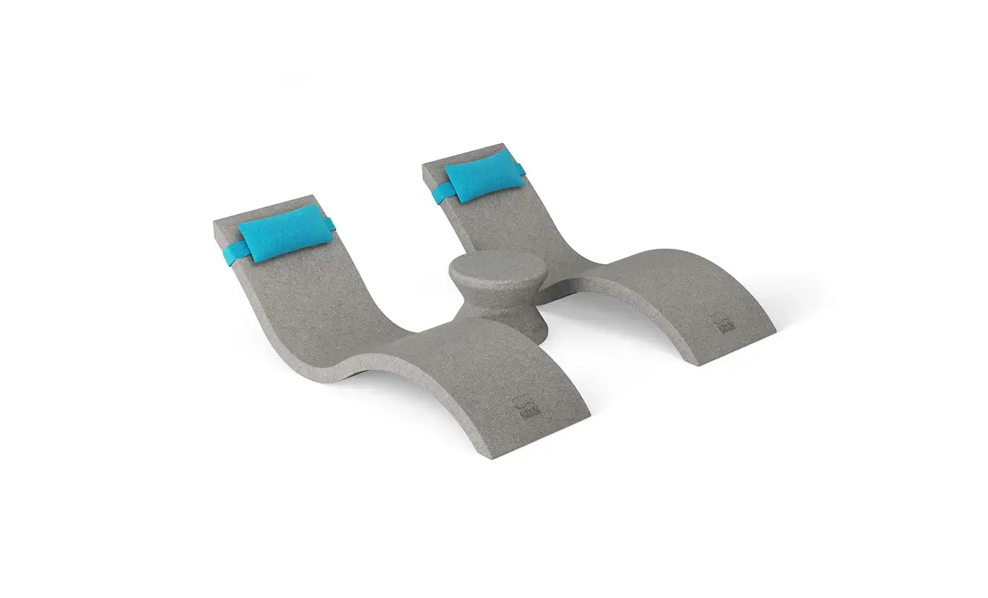 Designed for tanning ledges, baja shelves, or sun shelves with water depths up to 9 inches, this set includes two Signature In-Pool Chaise Loungers, two plush Headrest Pillows, and a versatile Side Table.