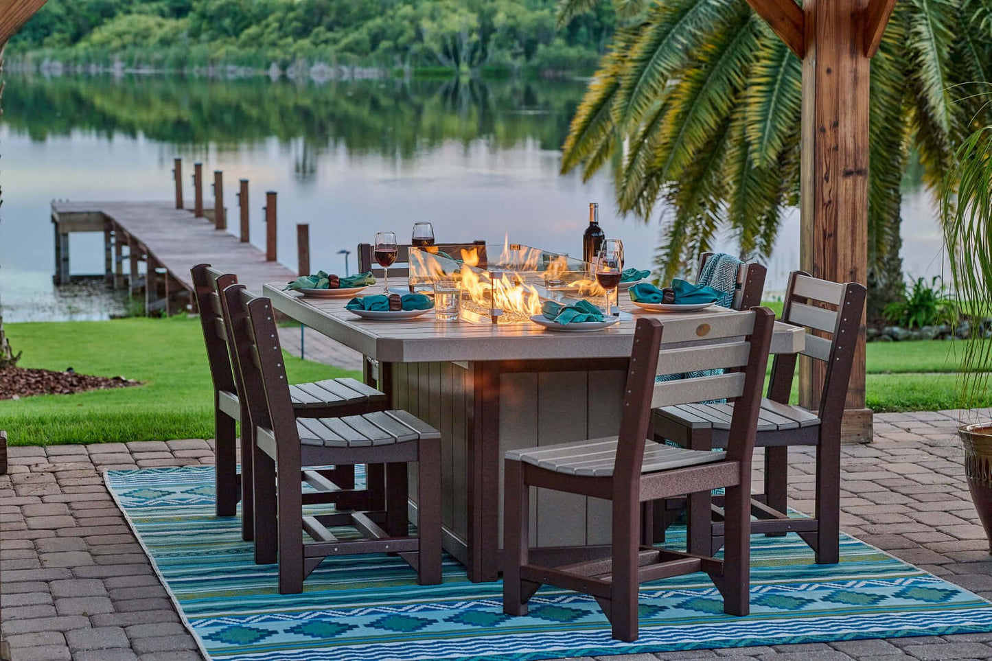 LuxCraft 79" Lumin Rectangular Gas Propane Fire Table Set in Weatherwood and Chestnut Brown positioned for outdoor gas-fire dining — all-weather ou...