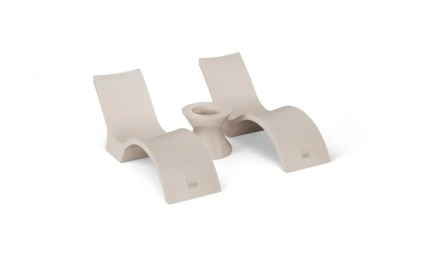 This set includes two Signature Chaise Deep Loungers and a Tall Ice Bin Side Table, perfect for tanning ledges, baja shelves, or sun shelves with water depths of 10-15 inches.