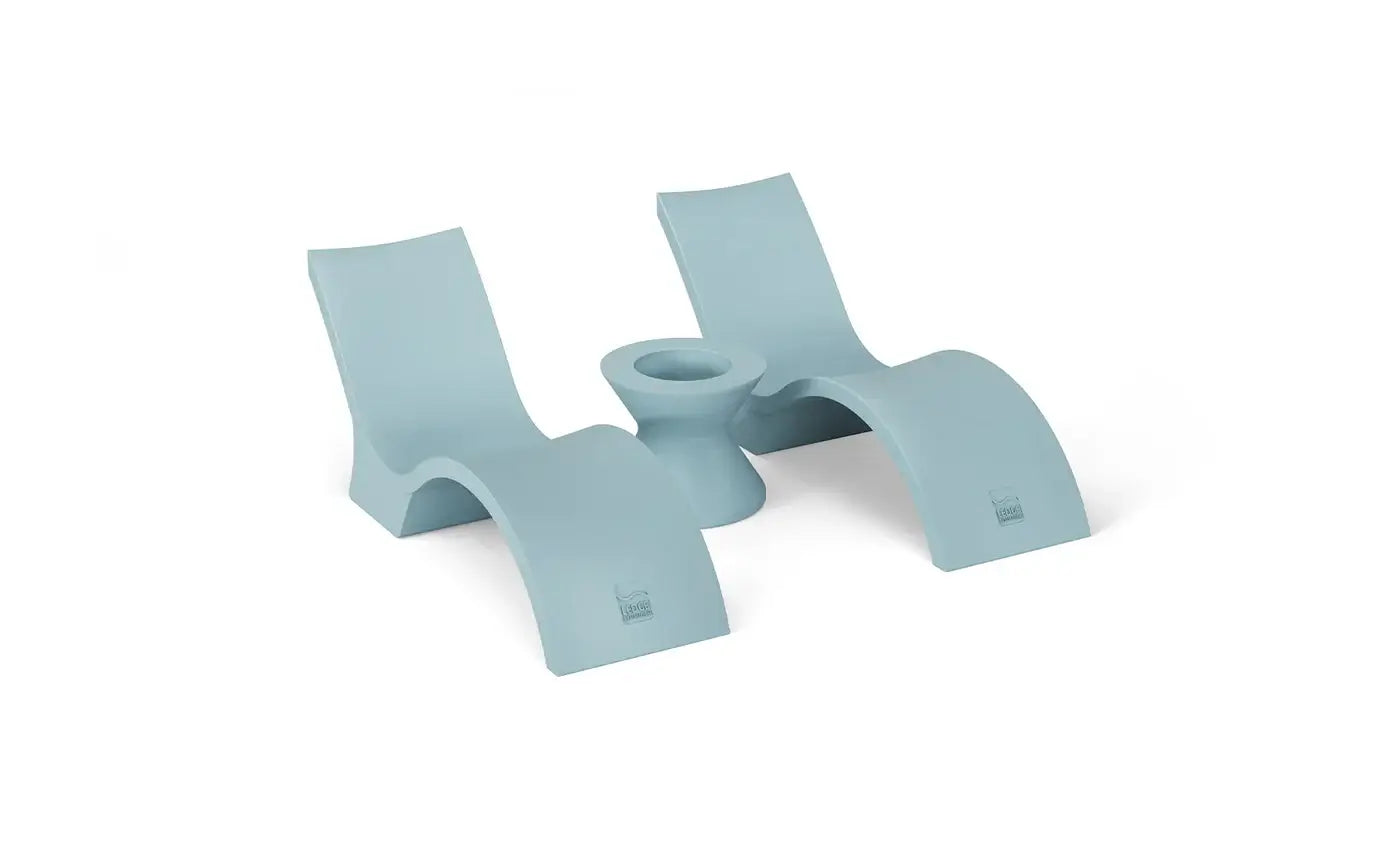 This set includes two Signature Chaise Deep Loungers and a Tall Ice Bin Side Table, perfect for tanning ledges, baja shelves, or sun shelves with water depths of 10-15 inches.