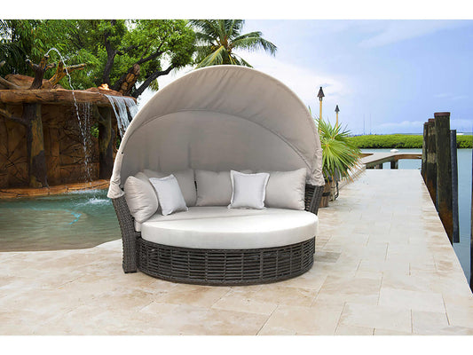 Panama Jack outdoor daybed with canopy and cushions made from high quality woven fiber