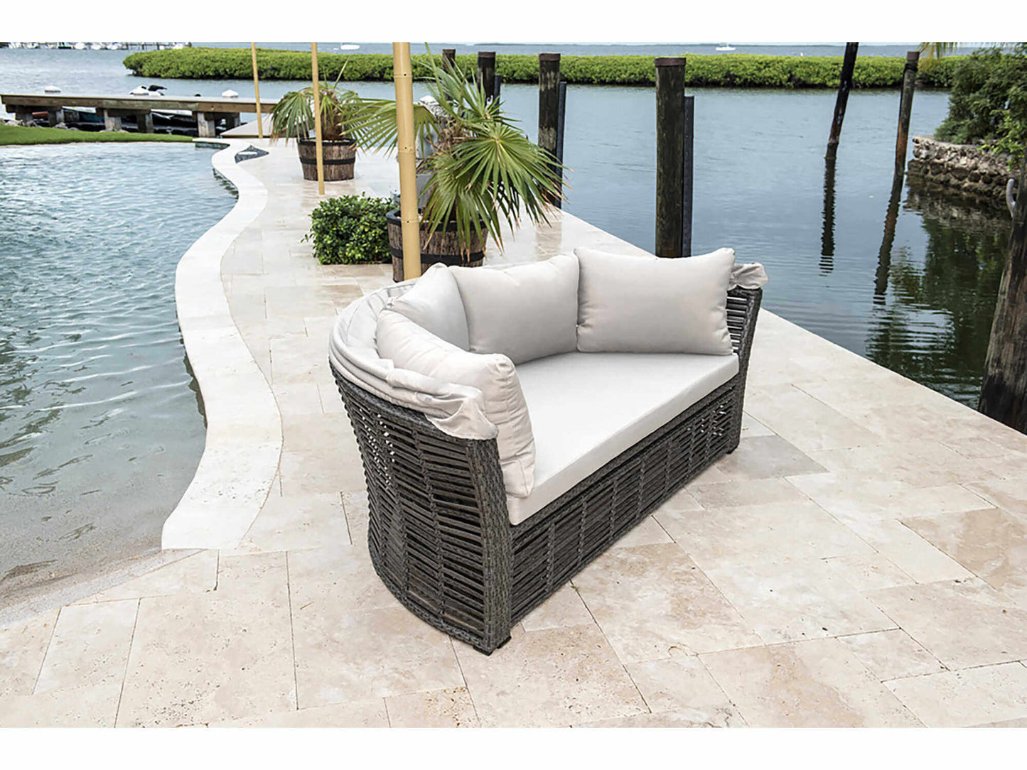 Panama Jack outdoor daybed with canopy and cushions made from high quality woven fiber
