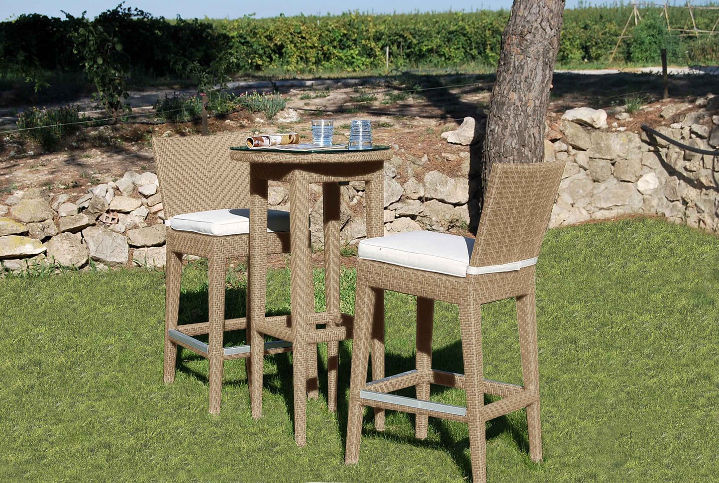 Panama Jack 3-piece outdoor round pub table set crafted with aluminum frames and commercial quality fiber weaving with cushion