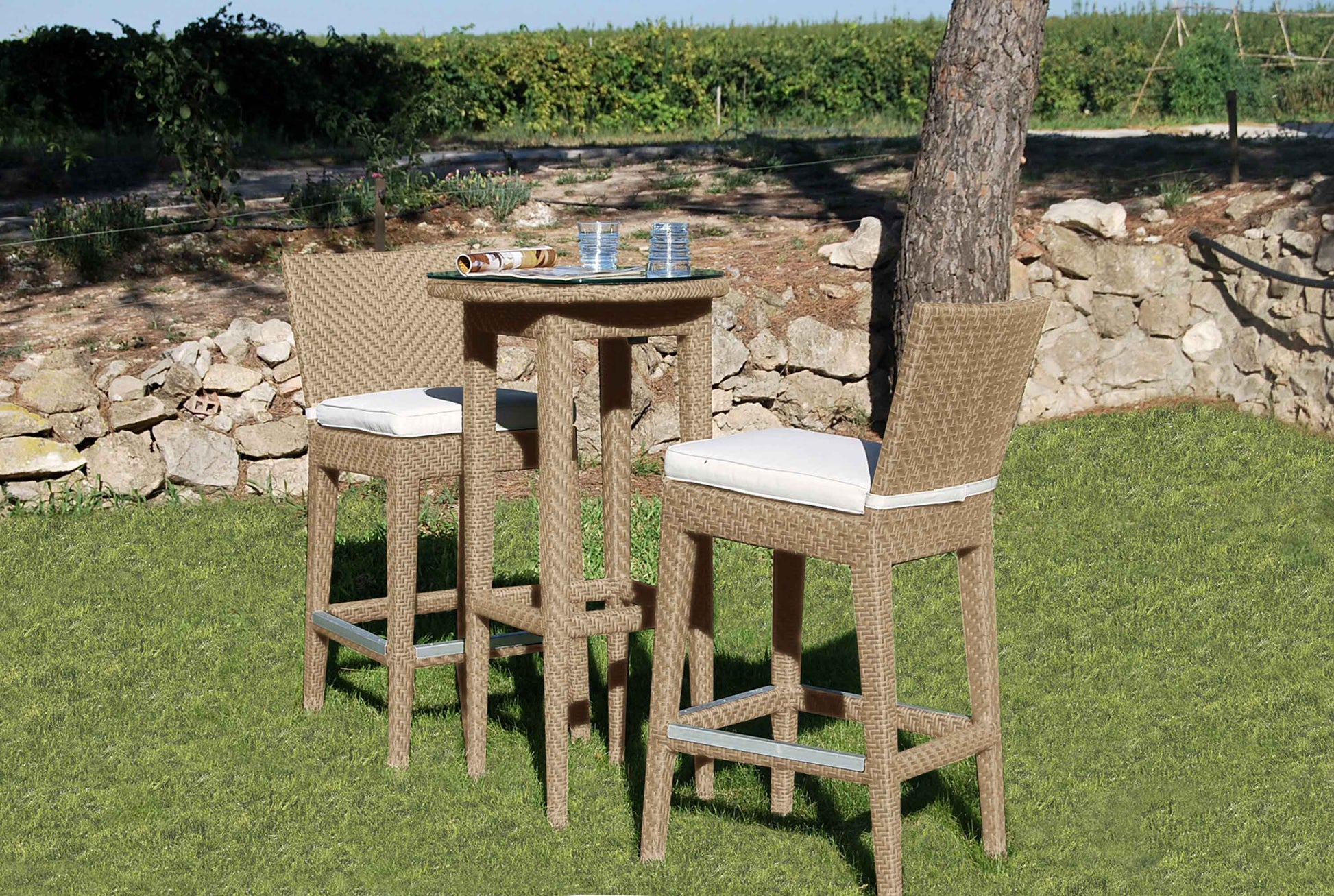 Panama Jack 3-piece outdoor round pub table set crafted with aluminum frames and commercial quality fiber weaving with cushion
