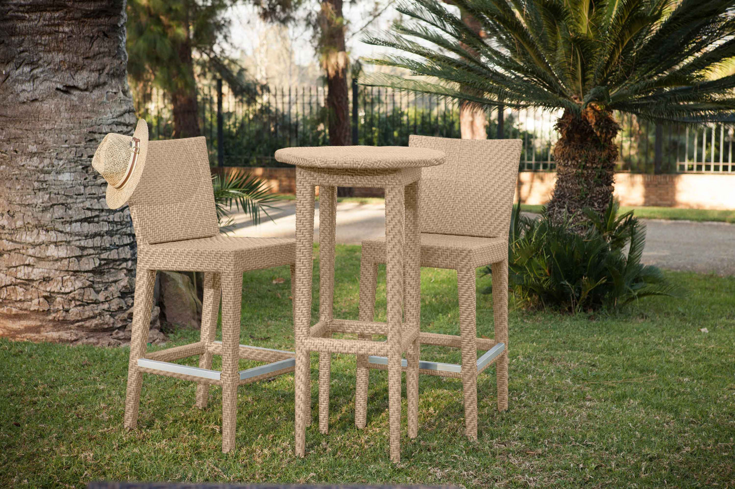 Panama Jack 3-piece outdoor round pub table set crafted with aluminum frames and commercial quality fiber weaving with cushion