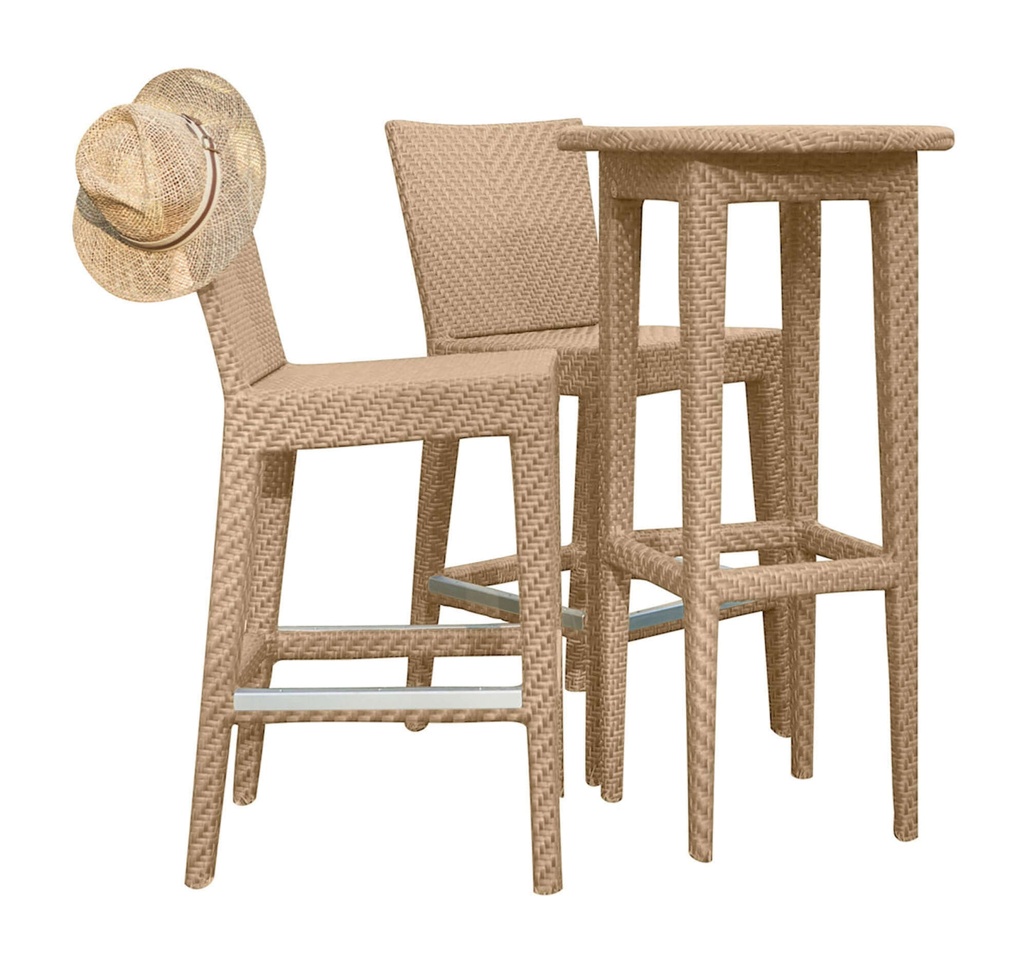 Panama Jack 3-piece outdoor round pub table set crafted with aluminum frames and commercial quality fiber weaving with cushion