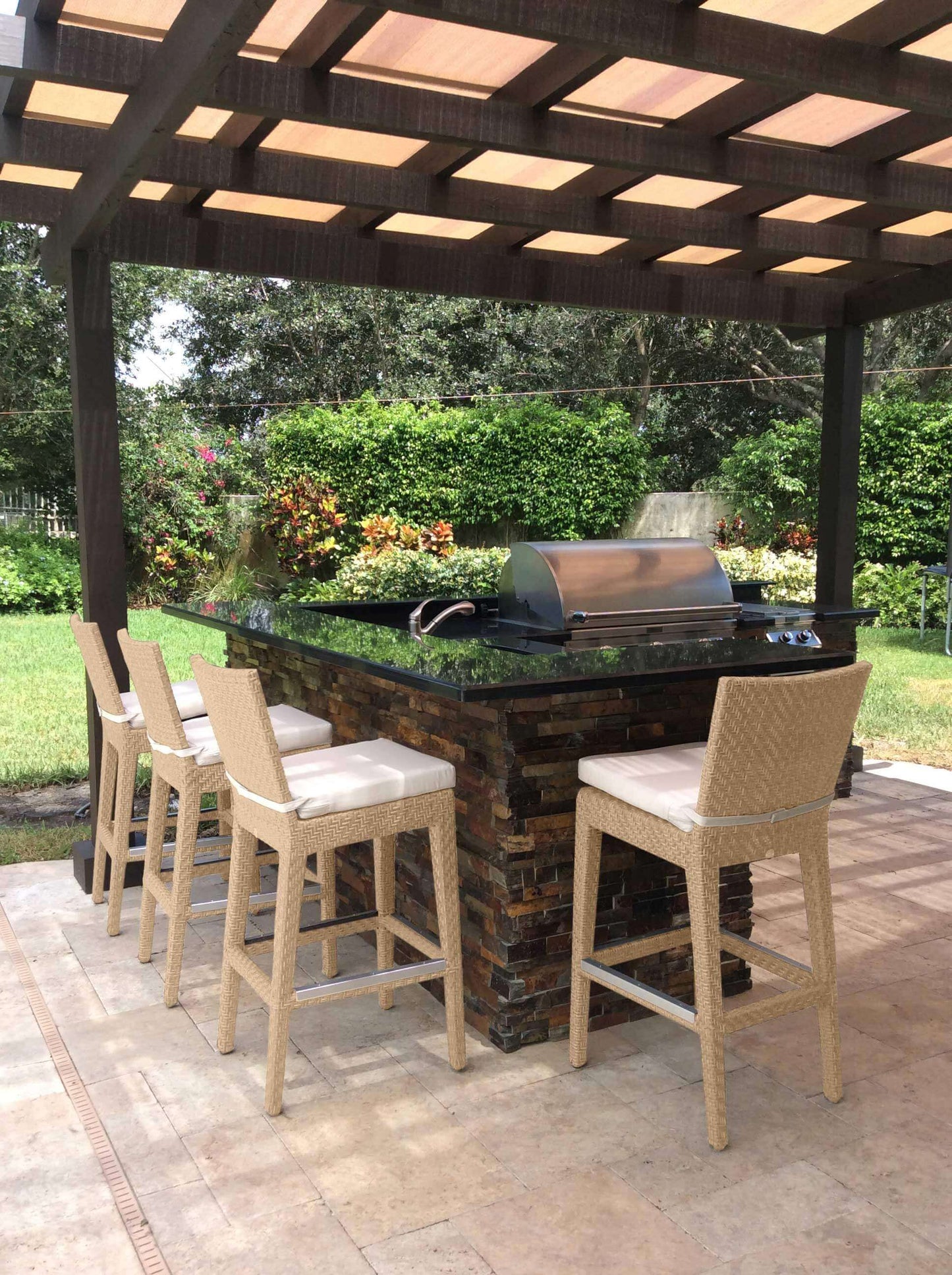 Panama Jack 3-piece outdoor round pub table set crafted with aluminum frames and commercial quality fiber weaving with cushion