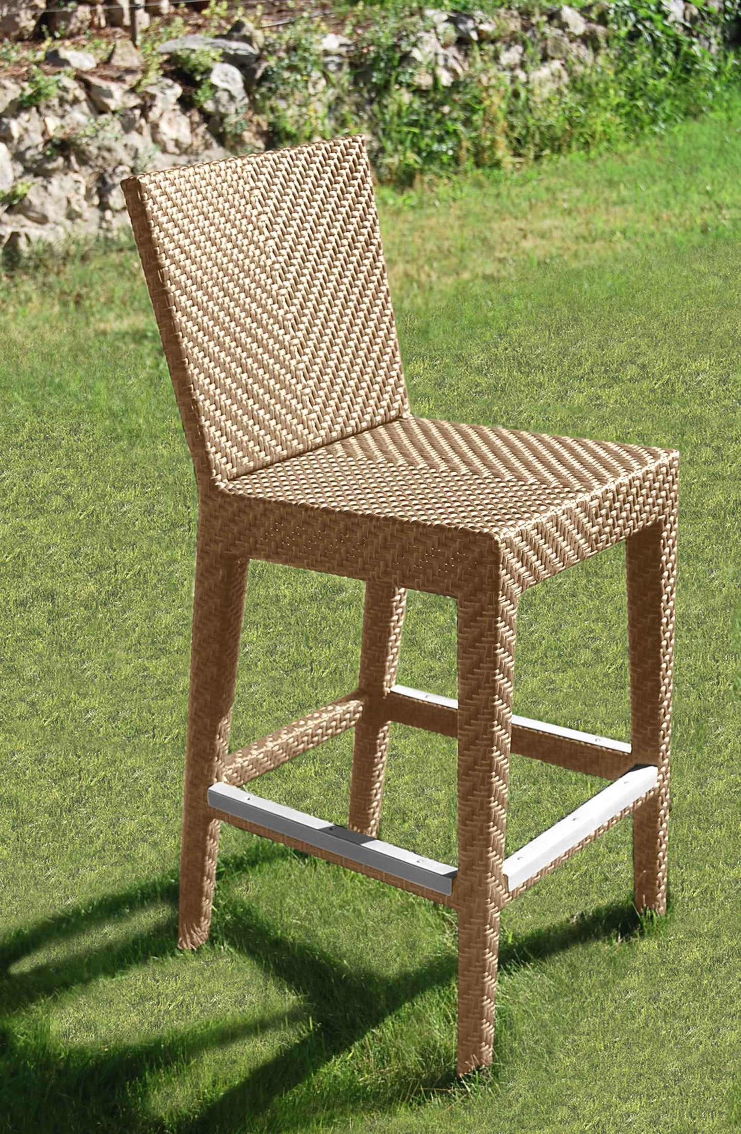Panama Jack outdoor barstool crafted with aluminum frames and commercial quality fiber weaving with cushion