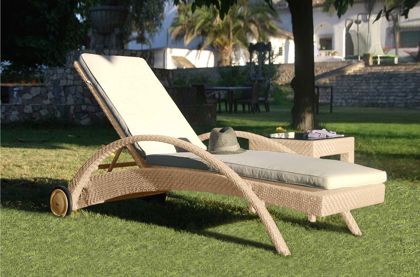 Panama Jack outdoor chaise lounge crafted with aluminum frames and commercial quality fiber weaving with cushion