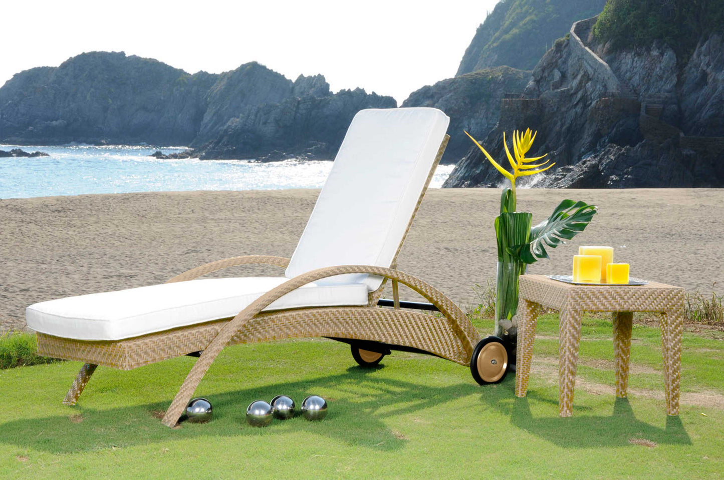 Panama Jack outdoor chaise lounge crafted with aluminum frames and commercial quality fiber weaving with cushion