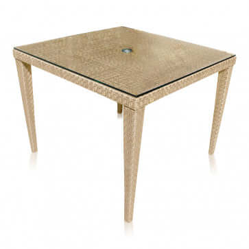 Panama Jack outdoor square dining table with umbrella hole and tempered glass crafted with aluminum frames and commercial quality fiber weaving