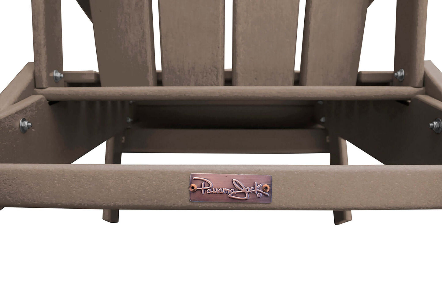 Panama Jack Taupe weather-resistant Poly-resin folding Adirondack chair with stainless steel hardware.